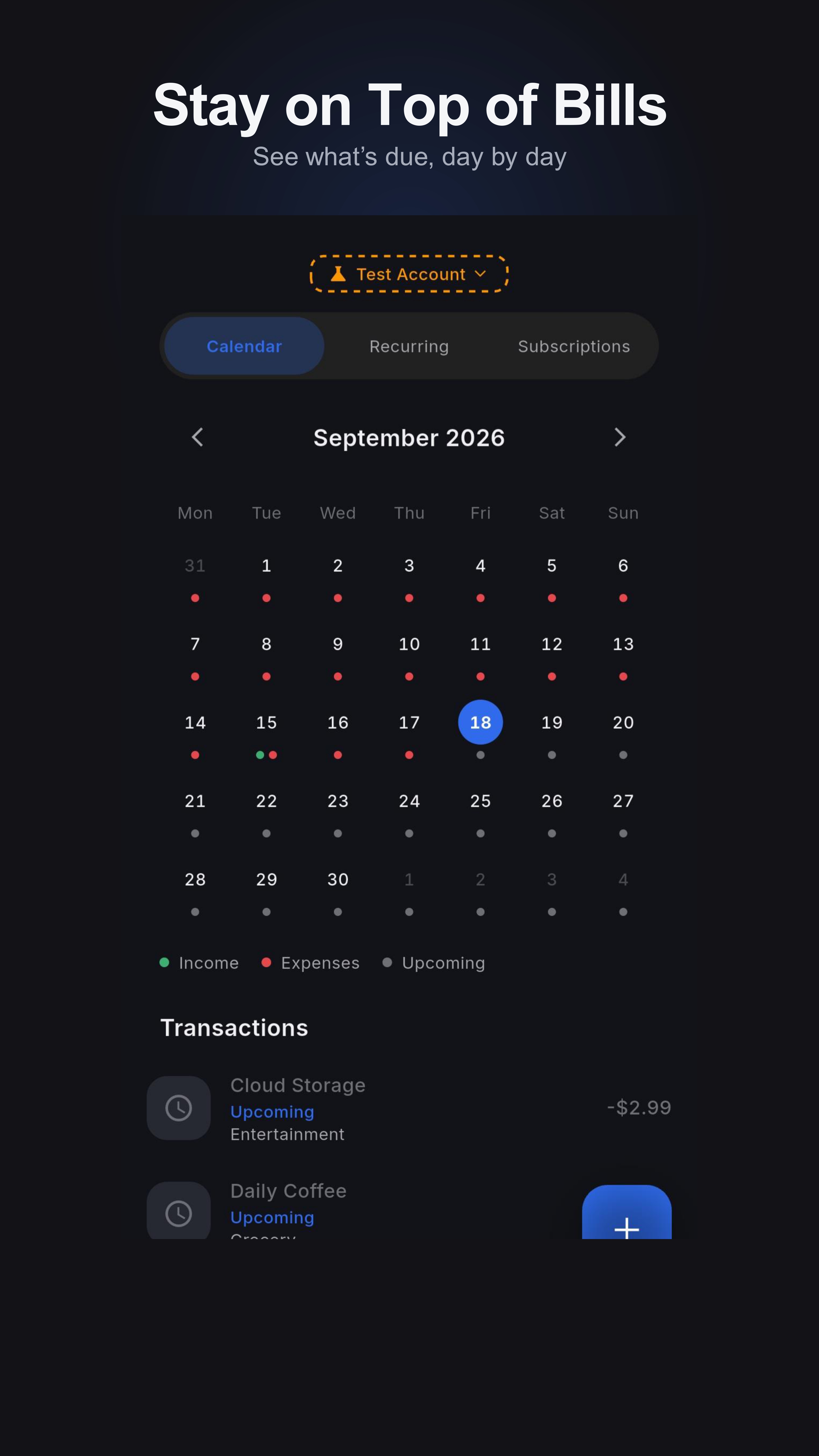 Bills calendar screen