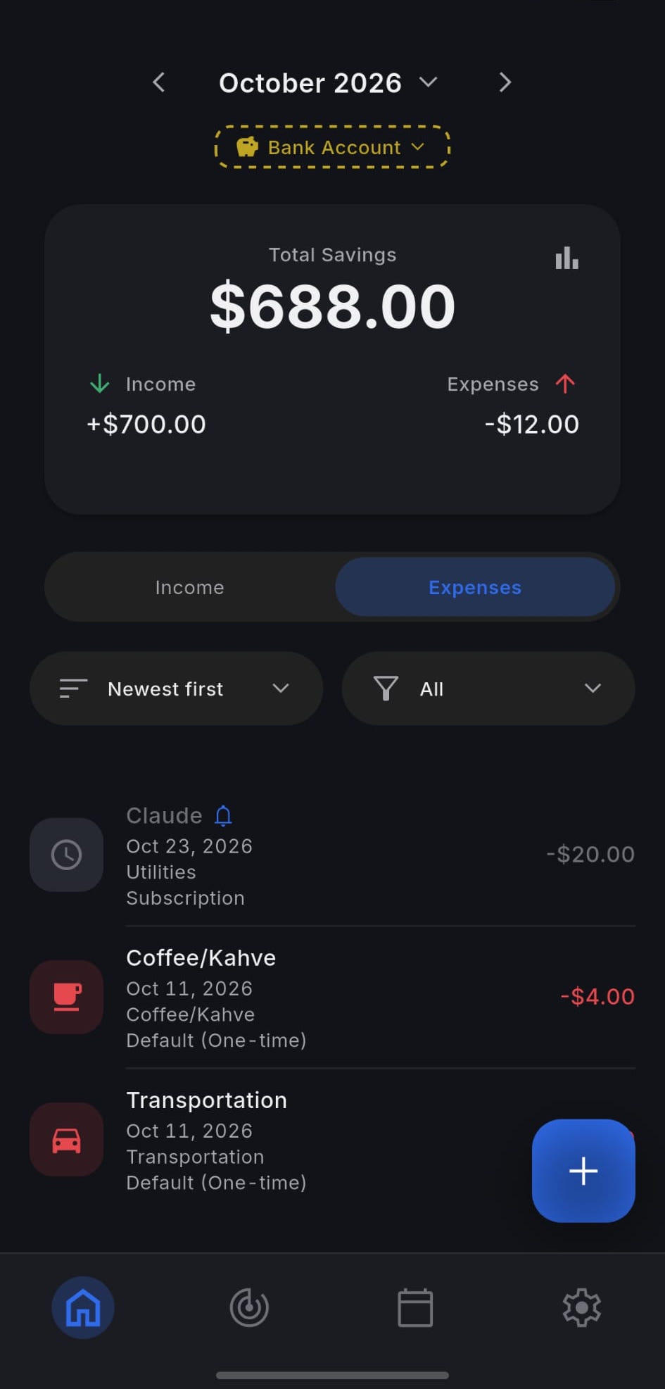 Cash Track home screen