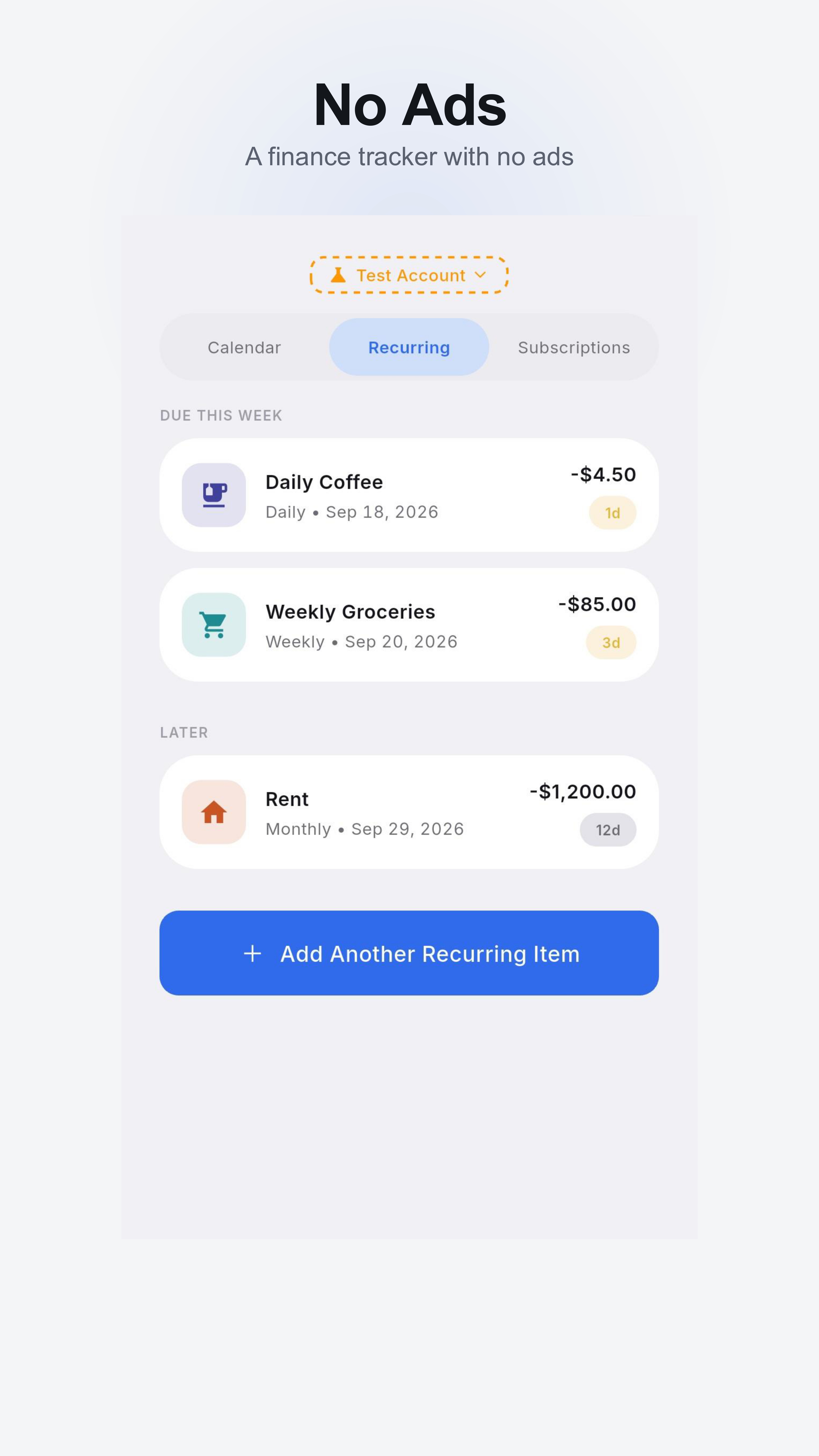 Recurring bills screen