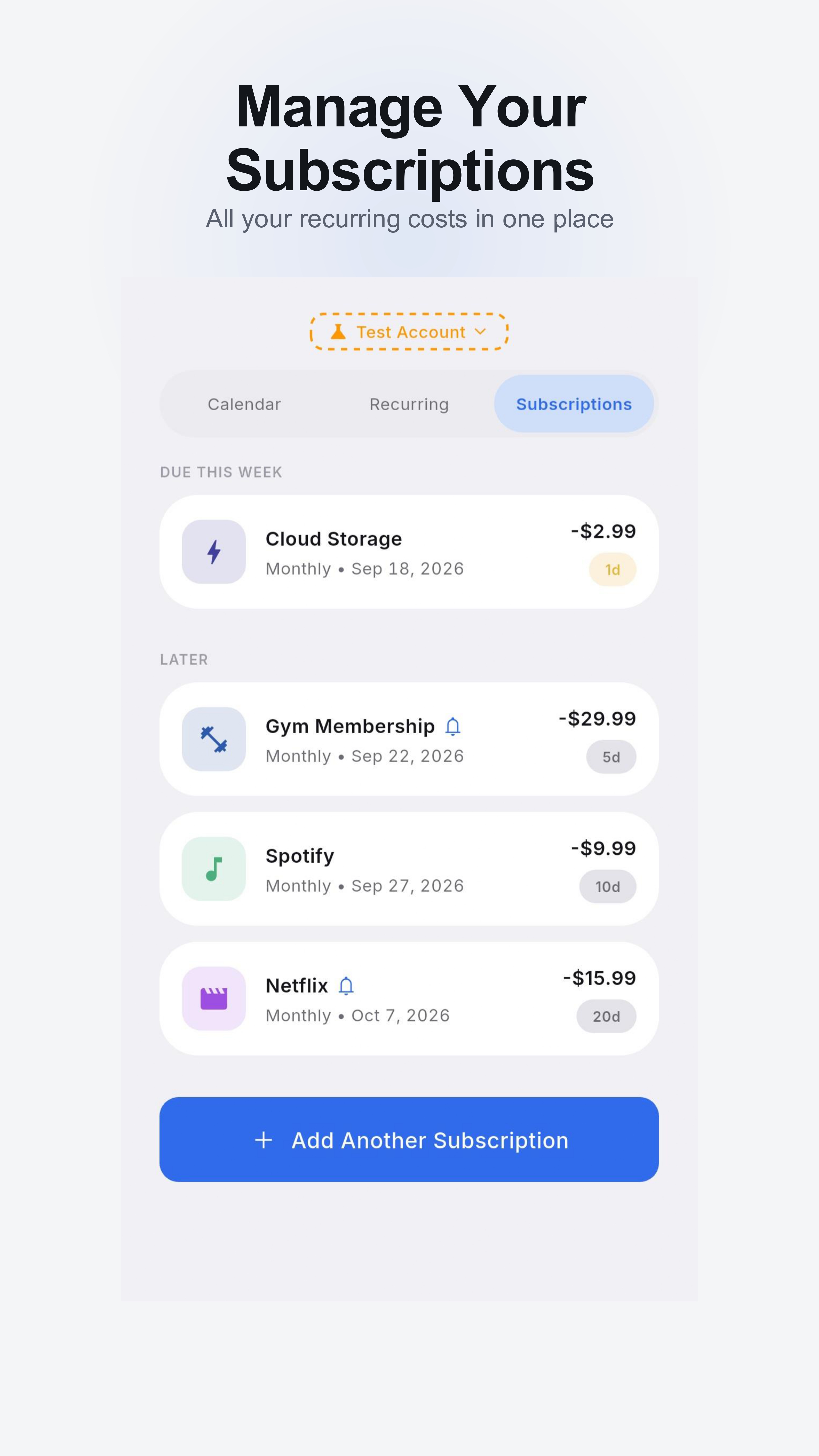 Subscriptions screen